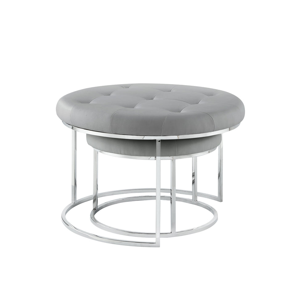 Set of Two Gray Faux Leather and Silver Tufted Round Ottomans By Homeroots | Ottomans | Modishstore - 2