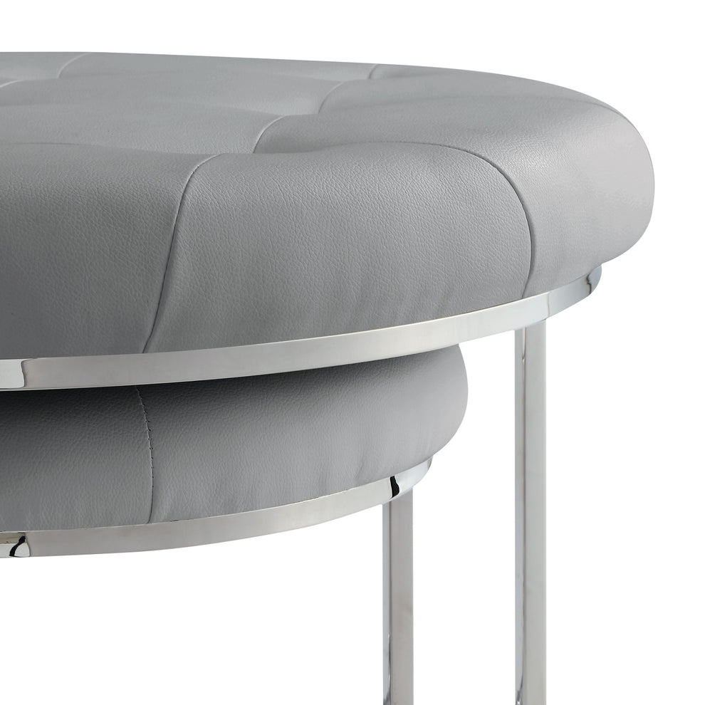 Set of Two Gray Faux Leather and Silver Tufted Round Ottomans By Homeroots | Ottomans | Modishstore - 4