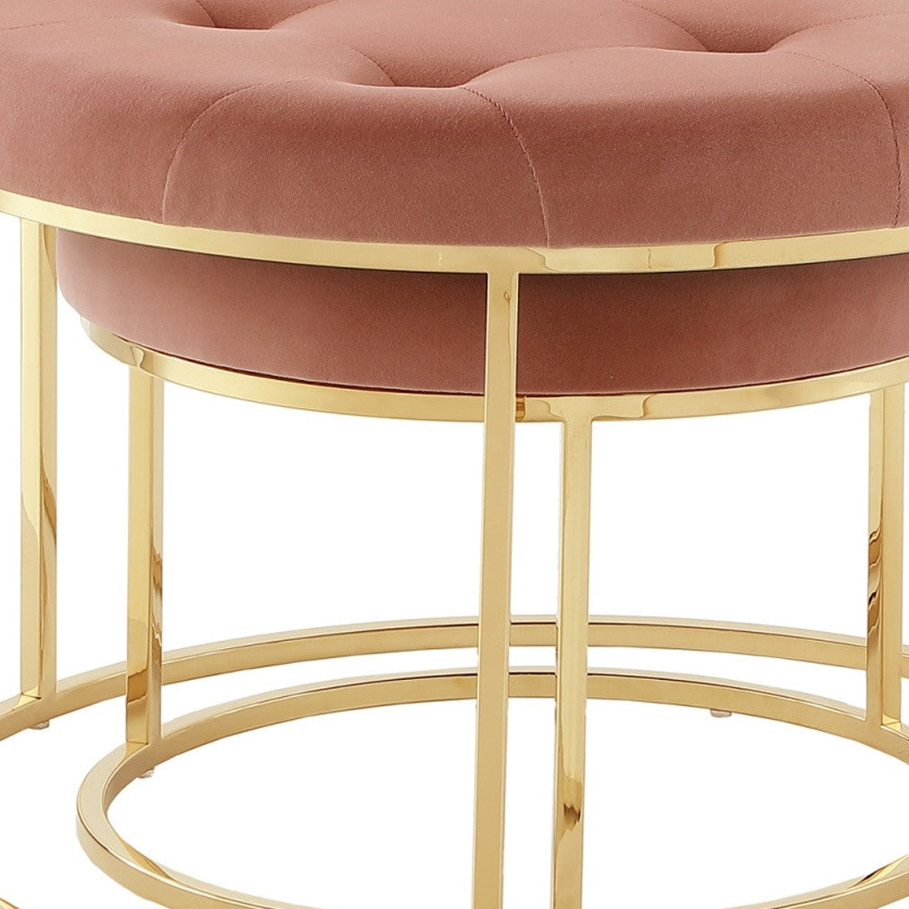Set of Two Blush Velvet and Gold Tufted Round Ottoman By Homeroots | Ottomans | Modishstore - 6