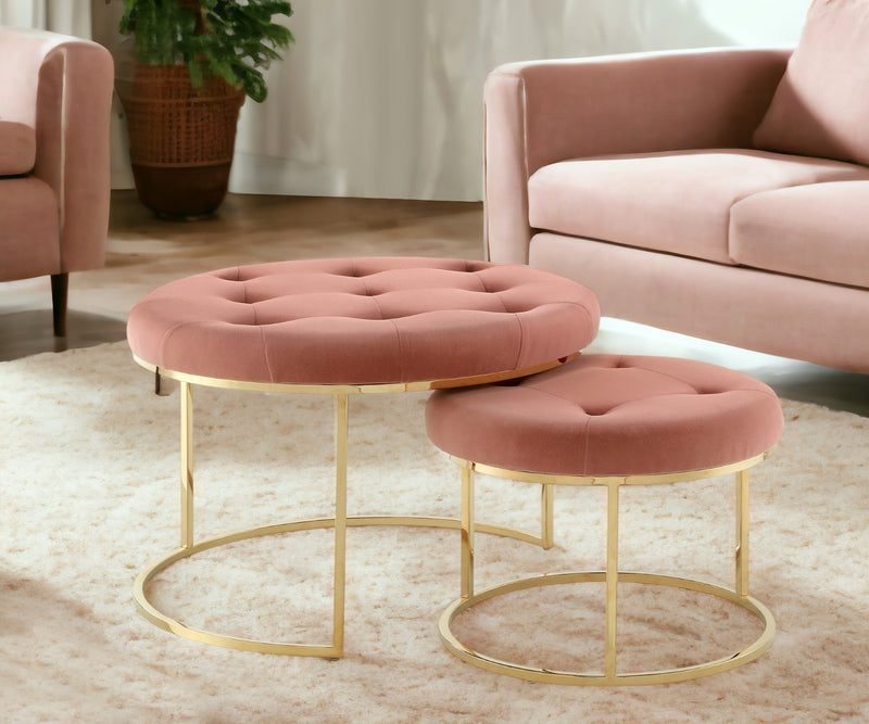 Set of Two Blush Velvet and Gold Tufted Round Ottoman By Homeroots | Ottomans | Modishstore - 1
