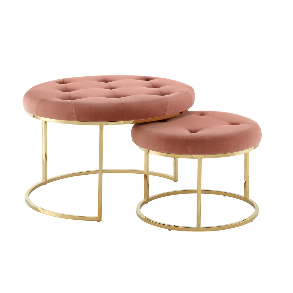 Set of Two Blush Velvet and Gold Tufted Round Ottoman By Homeroots | Ottomans | Modishstore - 7
