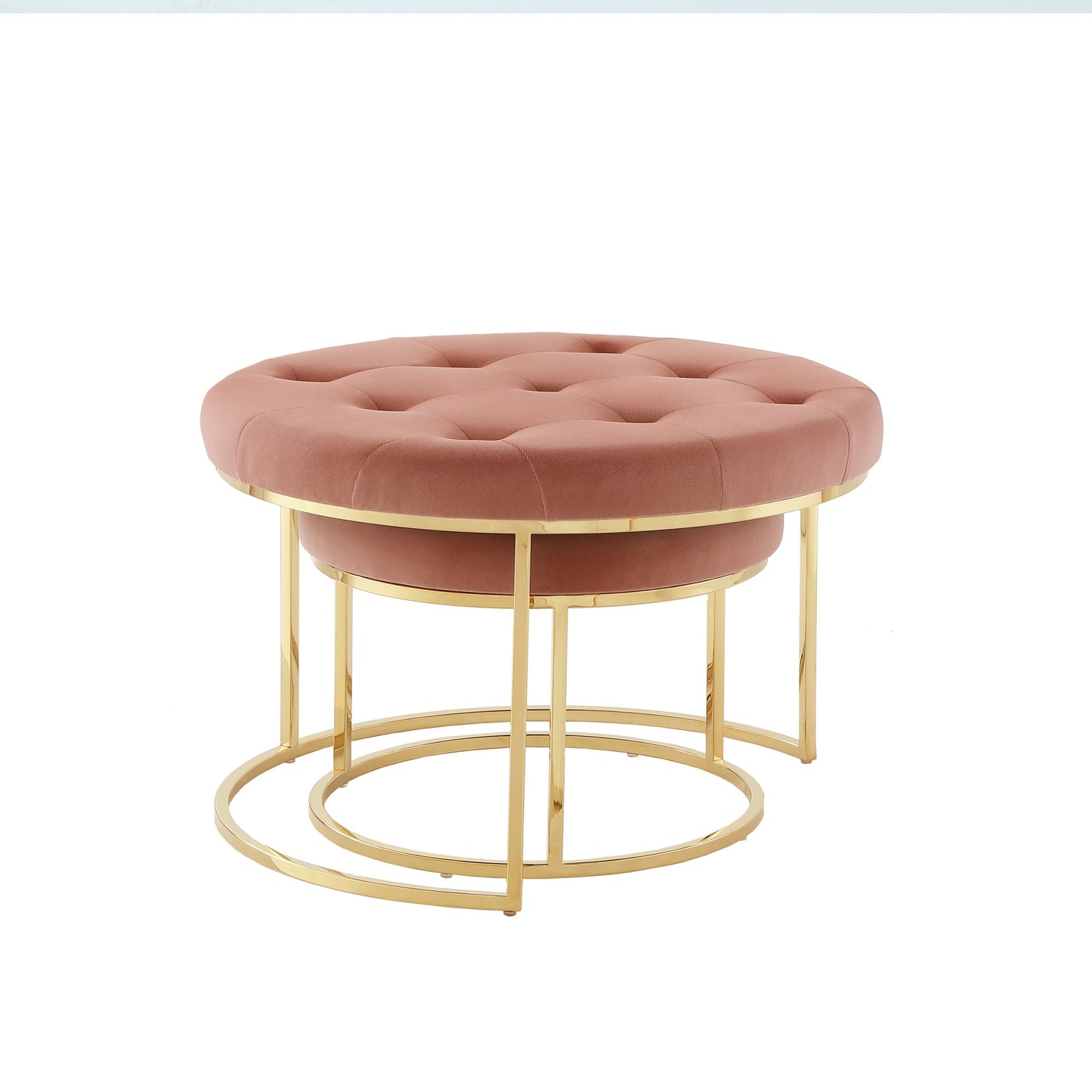Set of Two Blush Velvet and Gold Tufted Round Ottoman By Homeroots | Ottomans | Modishstore - 2