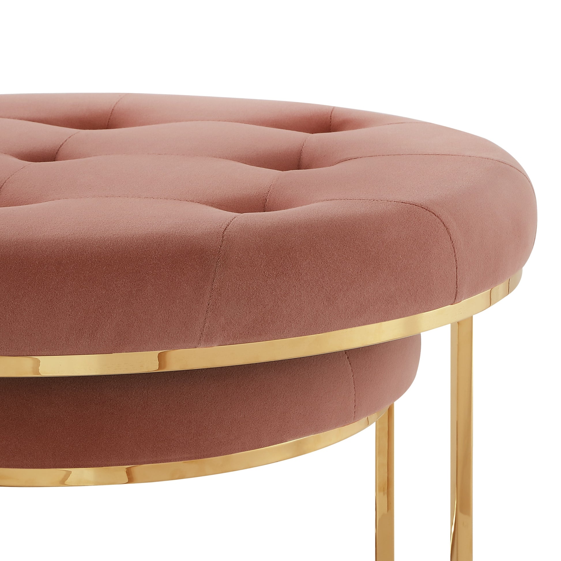 Set of Two Blush Velvet and Gold Tufted Round Ottoman By Homeroots | Ottomans | Modishstore - 3