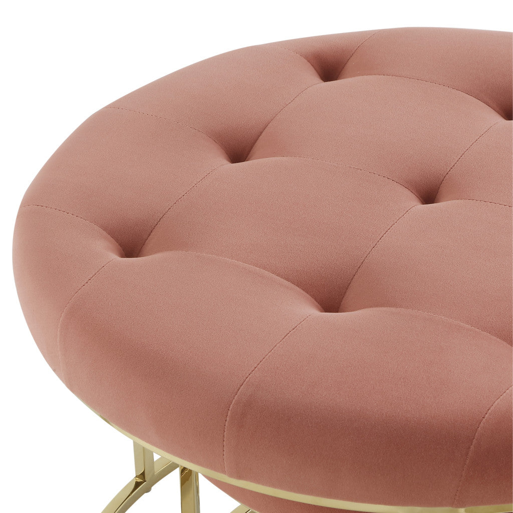 Set of Two Blush Velvet and Gold Tufted Round Ottoman By Homeroots | Ottomans | Modishstore - 5
