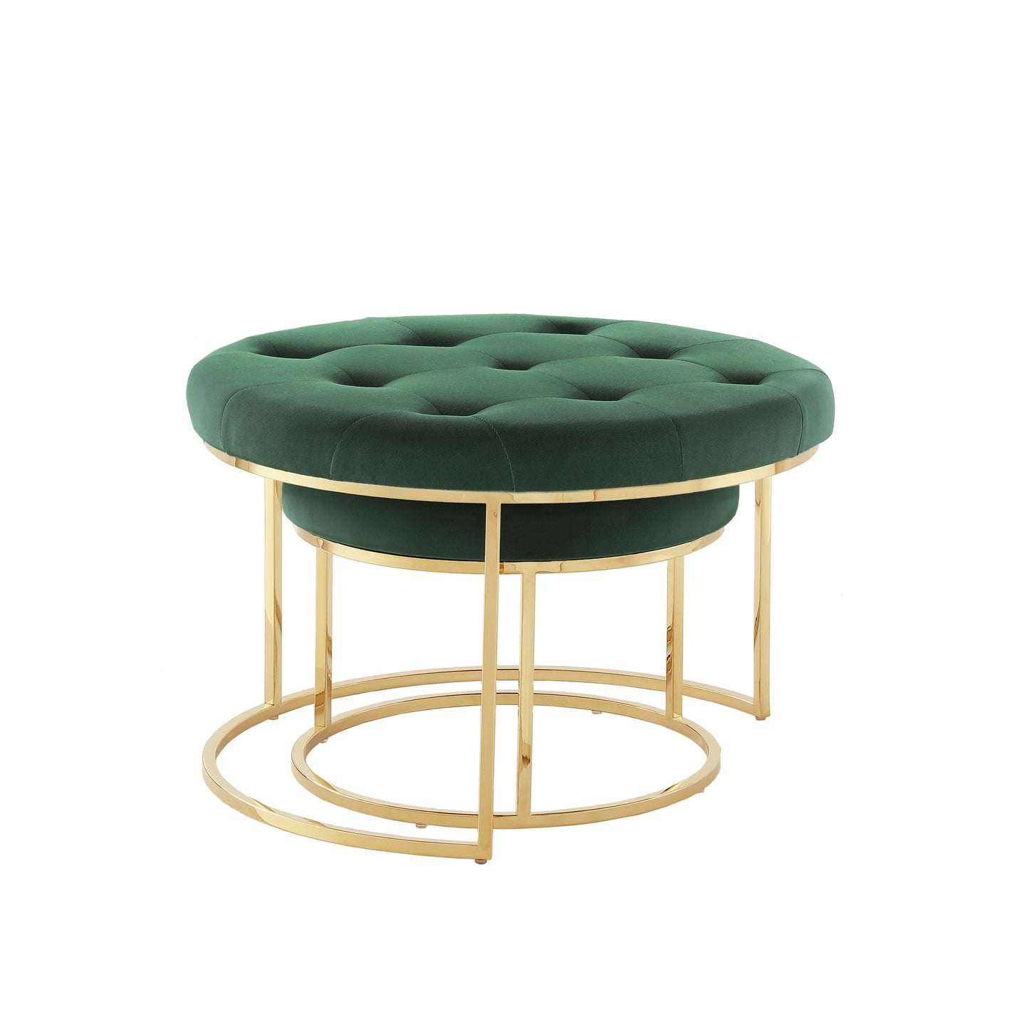 Set of Two Green Velvet and Gold Tufted Round Ottomans By Homeroots | Ottomans | Modishstore - 4