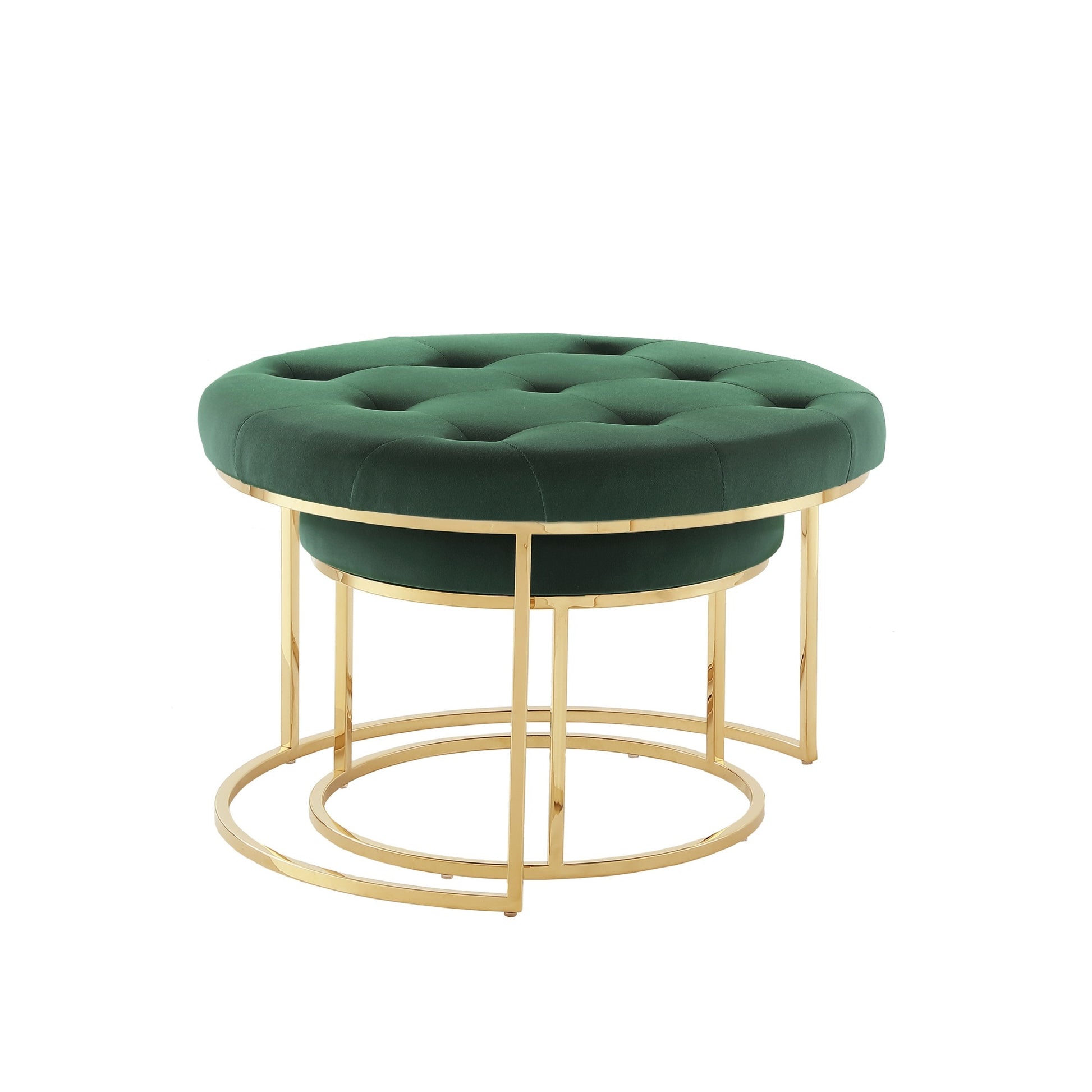 Set of Two Green Velvet and Gold Tufted Round Ottomans By Homeroots | Ottomans | Modishstore - 4