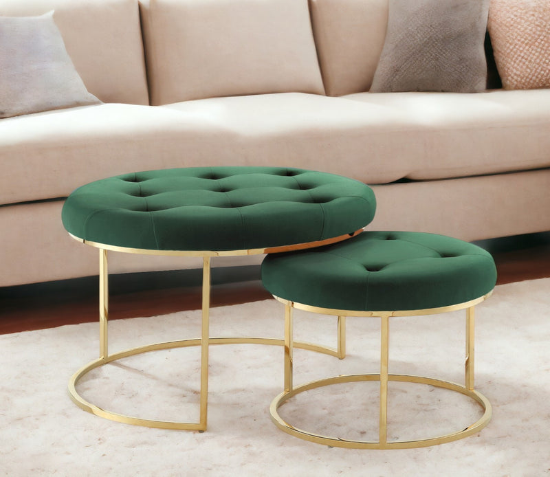 Set of Two Green Velvet and Gold Tufted Round Ottomans By Homeroots | Ottomans | Modishstore - 1