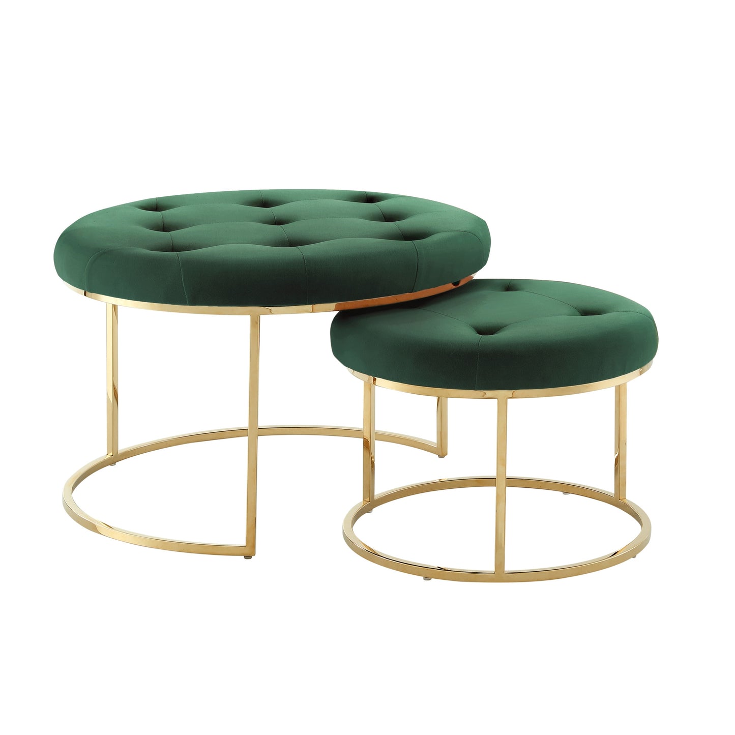 Set of Two Green Velvet and Gold Tufted Round Ottomans By Homeroots | Ottomans | Modishstore - 2