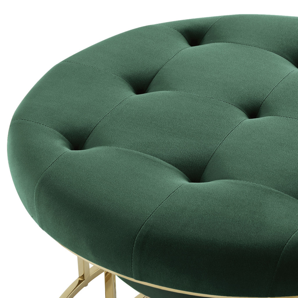 Set of Two Green Velvet and Gold Tufted Round Ottomans By Homeroots | Ottomans | Modishstore - 3