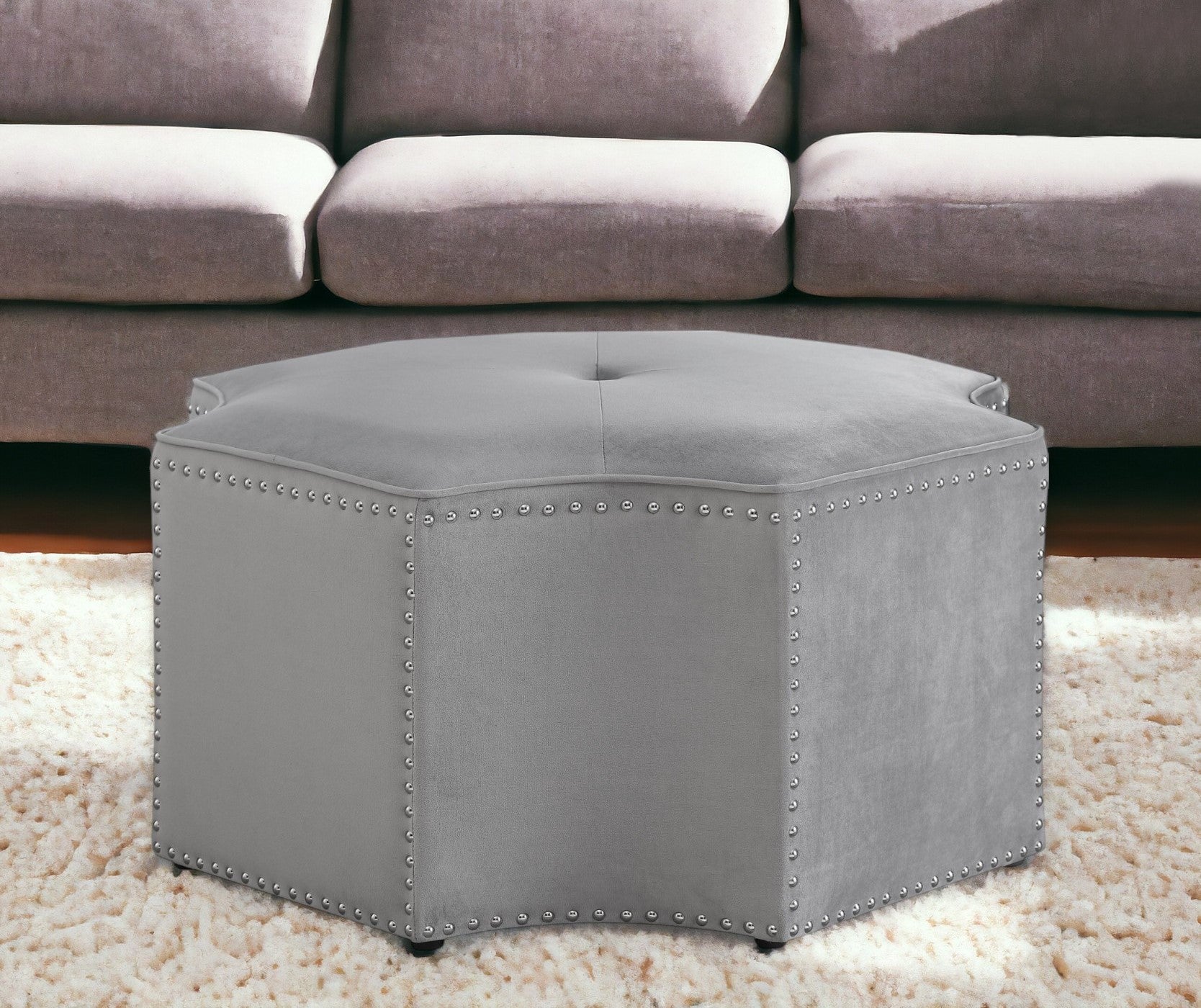 Gray Velvet Tufted Octagonal Cocktail Ottoman By Homeroots | Ottomans | Modishstore - 2