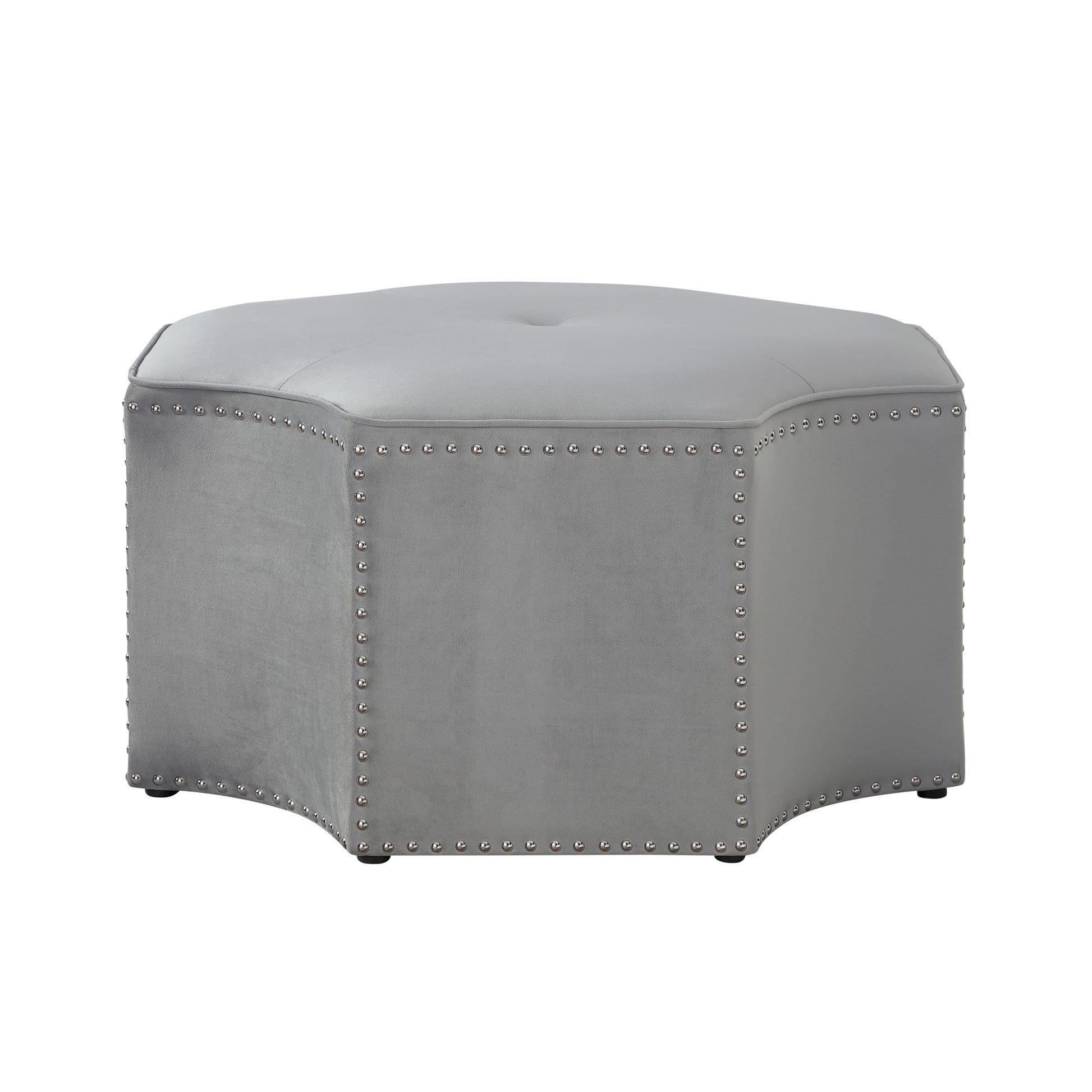 Gray Velvet Tufted Octagonal Cocktail Ottoman By Homeroots | Ottomans | Modishstore - 1