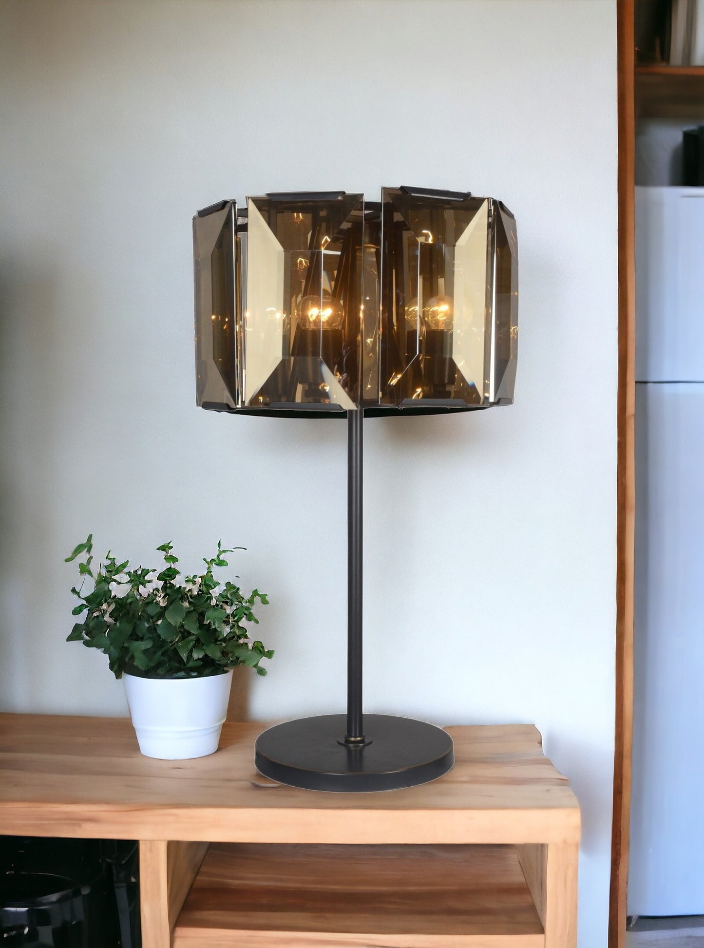Bronze Metal Four Light Cylinder Bedside Table Lamp With Amber Round Shade By Homeroots | Table Lamps | Modishstore - 2