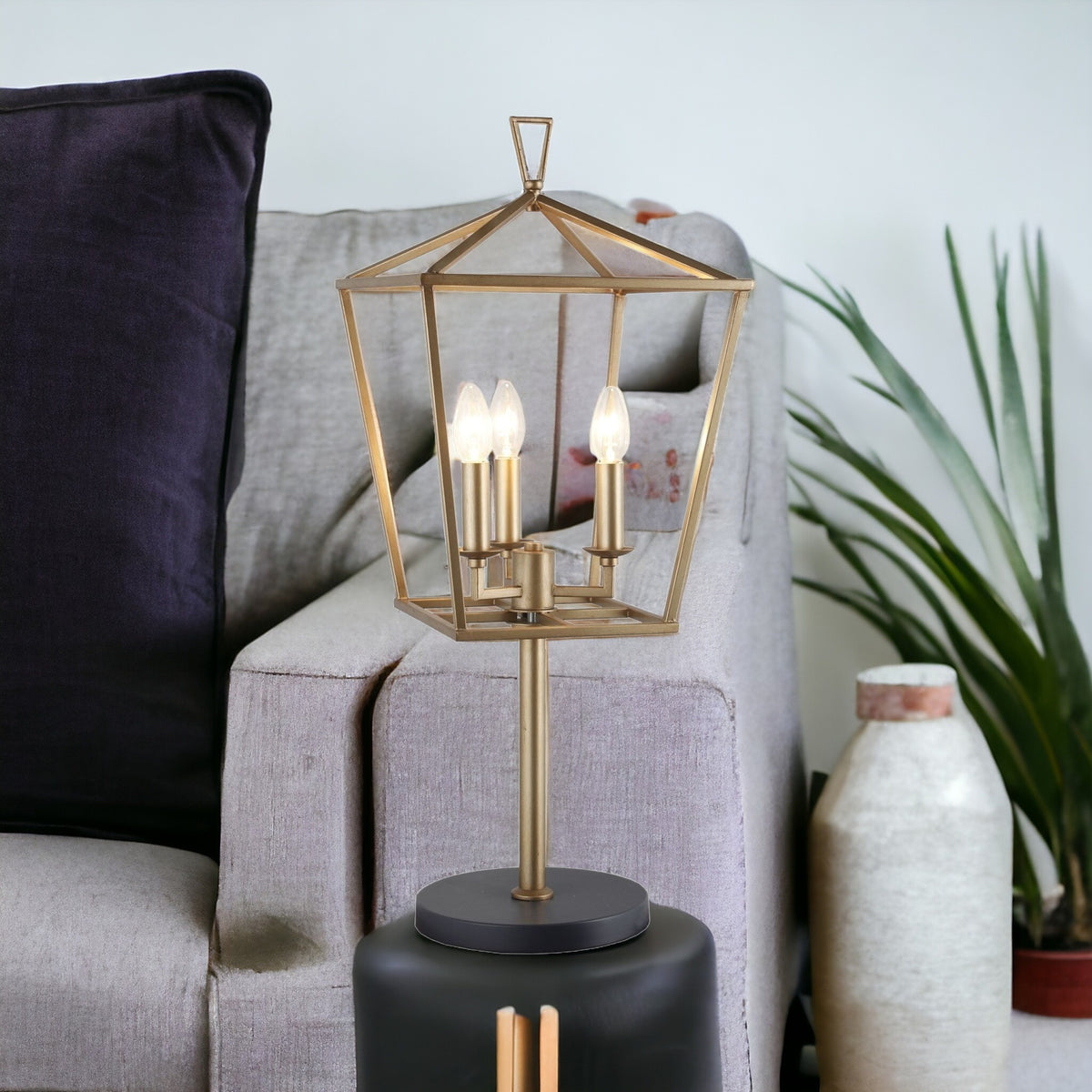 Black Iron Three Light Bedside Table Lamp By Homeroots | Table Lamps | Modishstore - 2