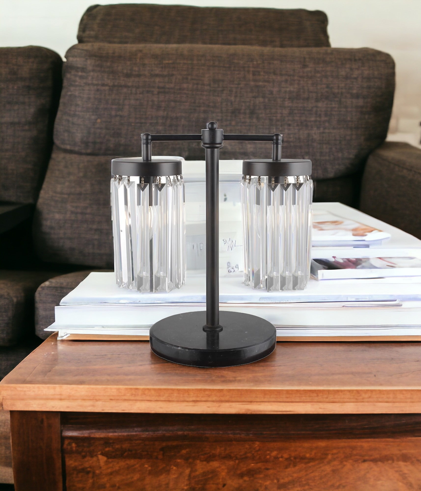 Black Iron Two Light Cylinder Bedside Table Lamp With Clear Cylinder Shade By Homeroots | Table Lamps | Modishstore - 2