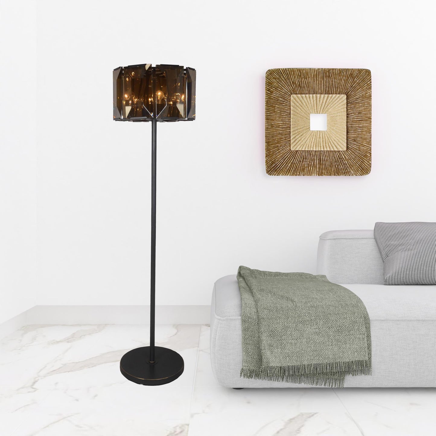 Dark Bronze Floor Lamp With Amber Solid Color Beveled Glass Drum Shade By Homeroots | Floor Lamps | Modishstore - 2