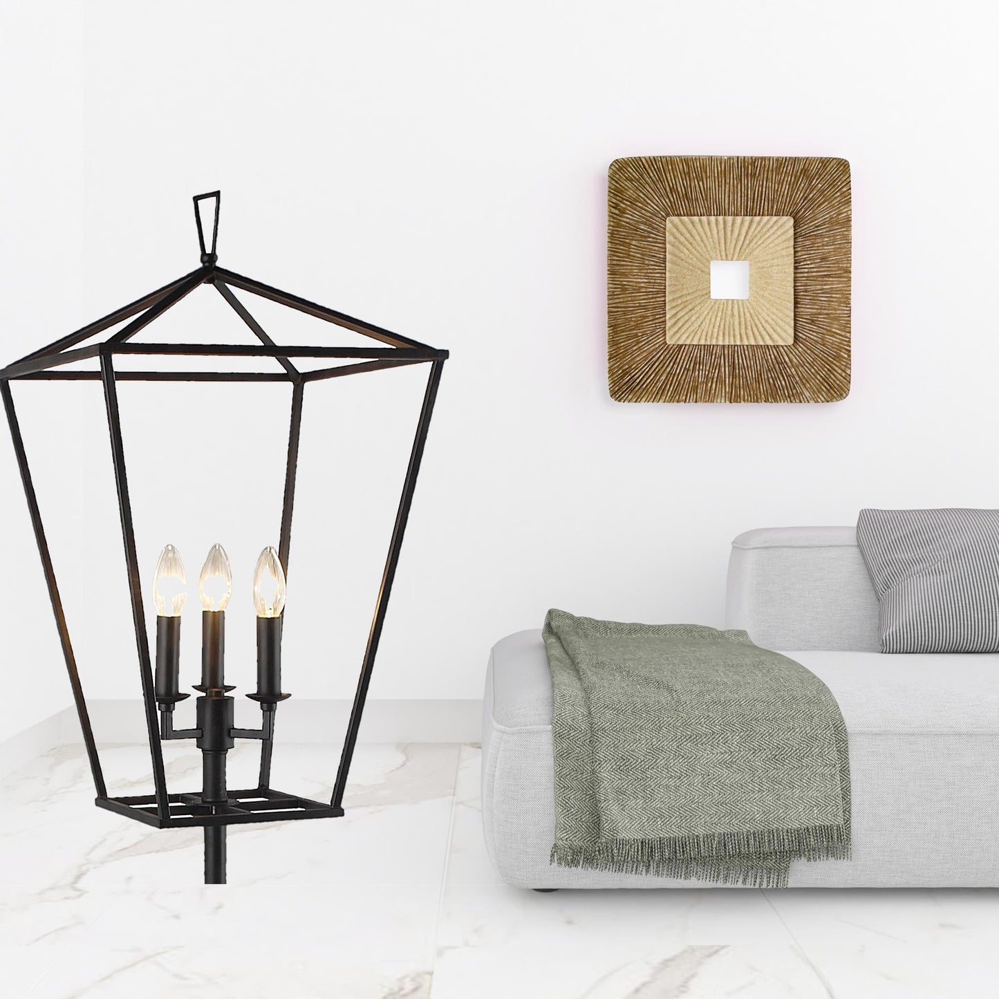 Black Three Light Floor Lamp With Black Geometric Shade By Homeroots | Floor Lamps | Modishstore - 3