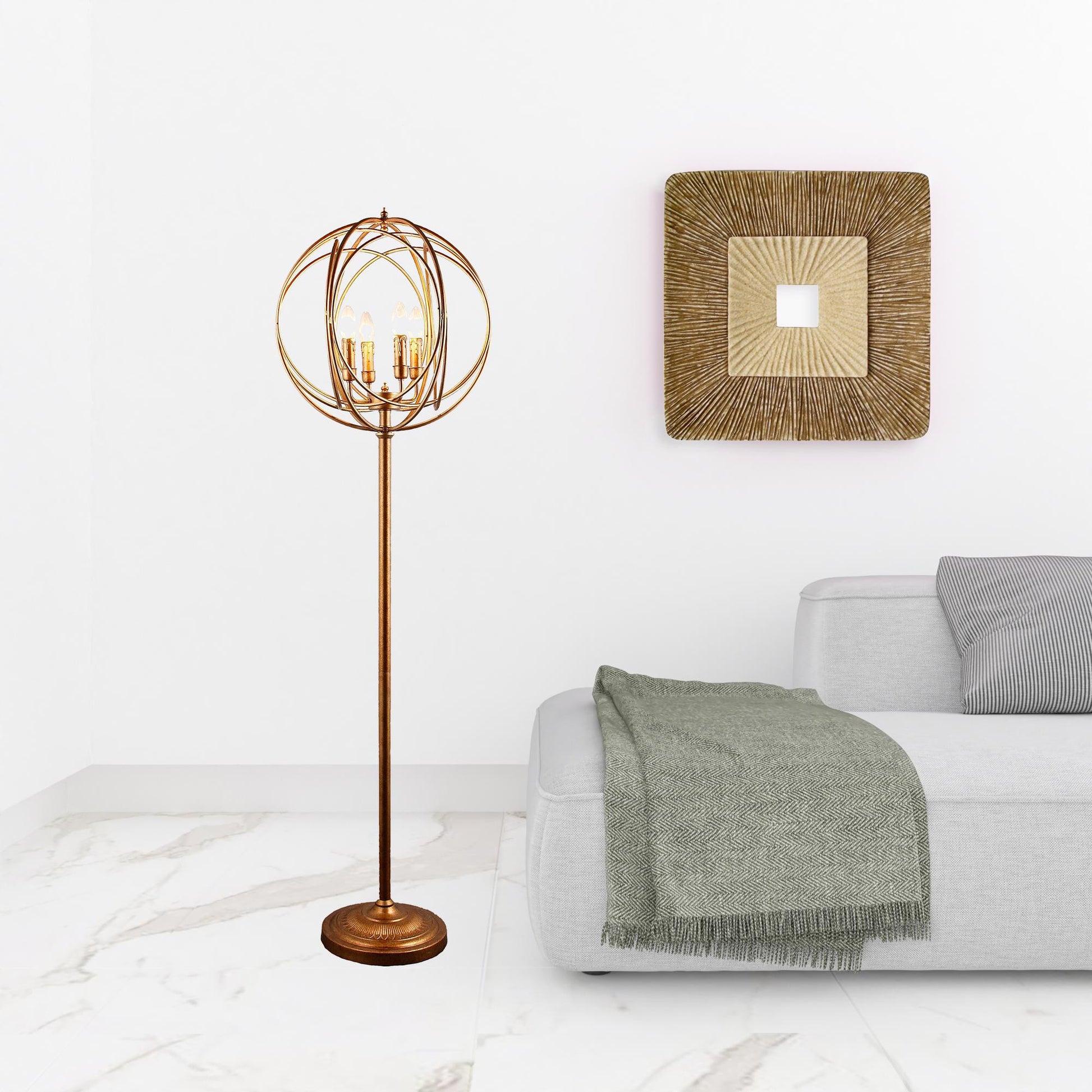 Gold Four Light Floor Lamp With Modern Gold Geometric Globe Shade By Homeroots | Floor Lamps | Modishstore - 2