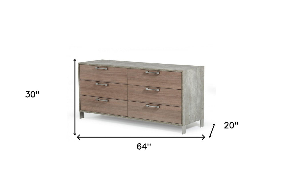 Brown Oak Grey Solid And Manufactured Wood Six Drawer Dresser By Homeroots | Dressers | Modishstore - 3