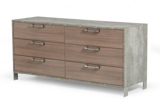 Brown Oak Grey Solid And Manufactured Wood Six Drawer Dresser By Homeroots | Dressers | Modishstore - 1