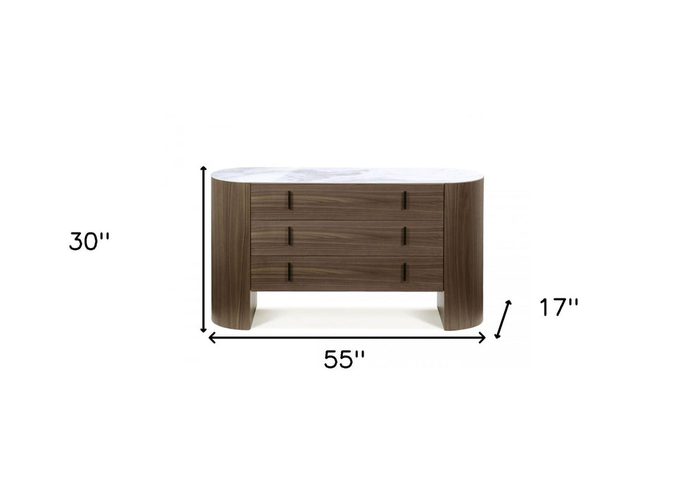 Walnut Marble Solid And Manufactured Wood Three Drawer Dresser By Homeroots | Dressers | Modishstore - 3