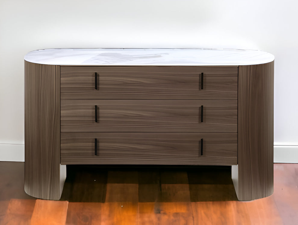 Walnut Marble Solid And Manufactured Wood Three Drawer Dresser By Homeroots | Dressers | Modishstore - 2