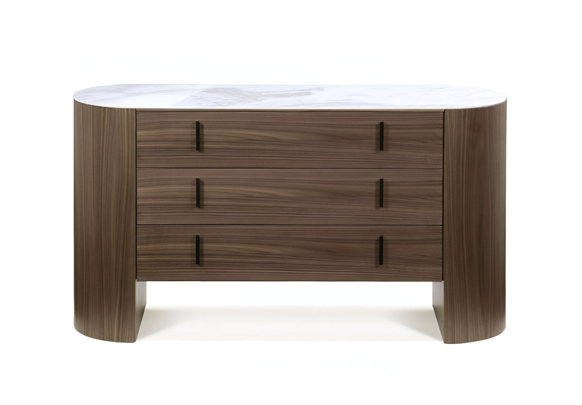 Walnut Marble Solid And Manufactured Wood Three Drawer Dresser By Homeroots | Dressers | Modishstore - 1