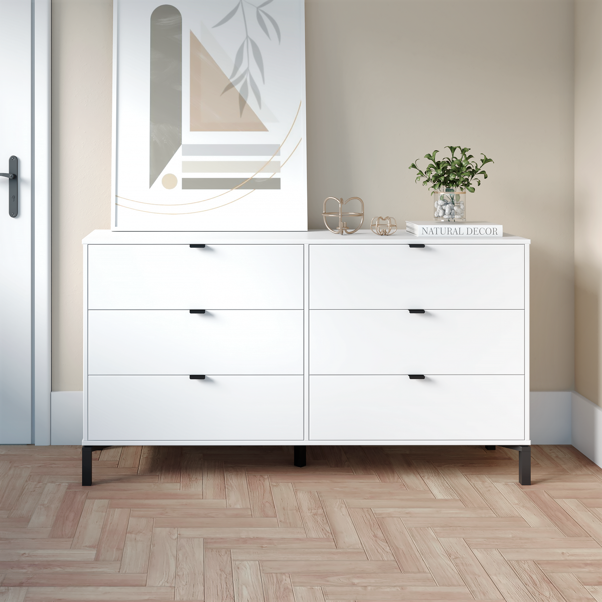 White and Black Six Drawer Double Dresser By Homeroots | Dressers | Modishstore - 4