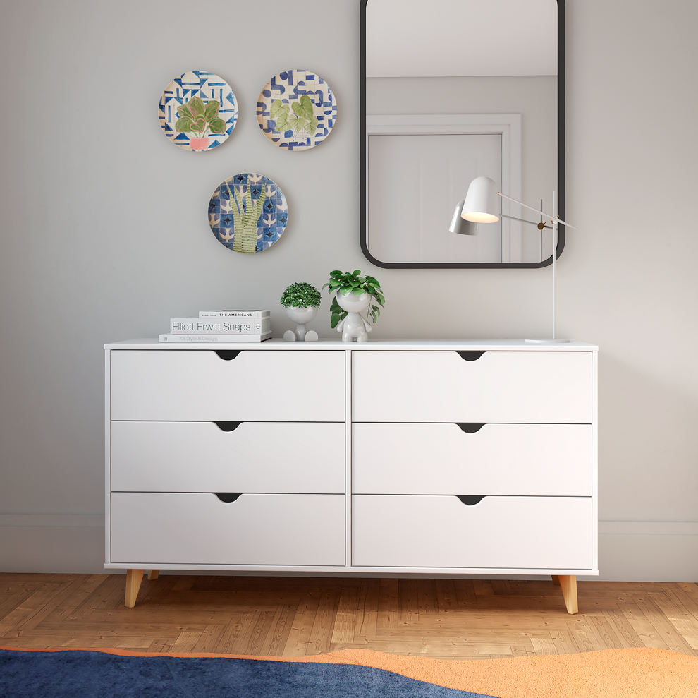White Scoop Handle Six Drawer Double Dresser By Homeroots | Dressers | Modishstore - 5