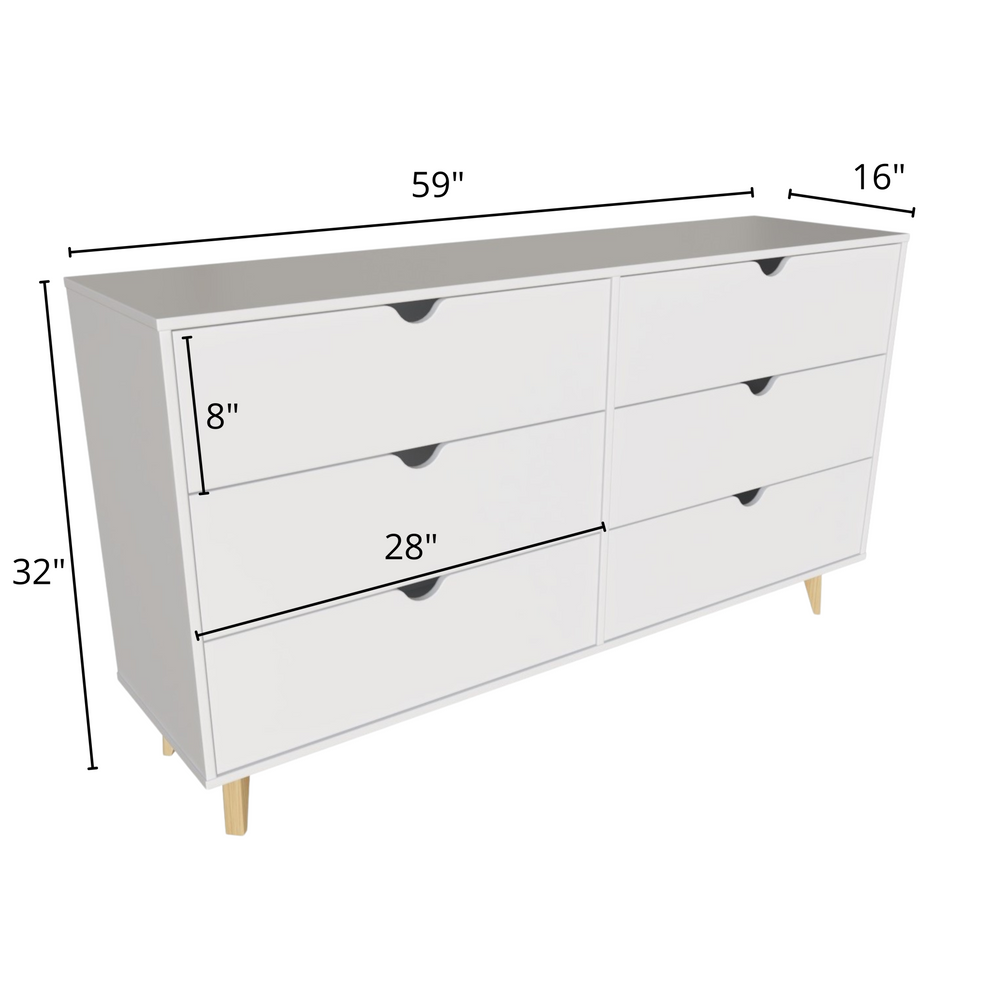 White Scoop Handle Six Drawer Double Dresser By Homeroots | Dressers | Modishstore - 8