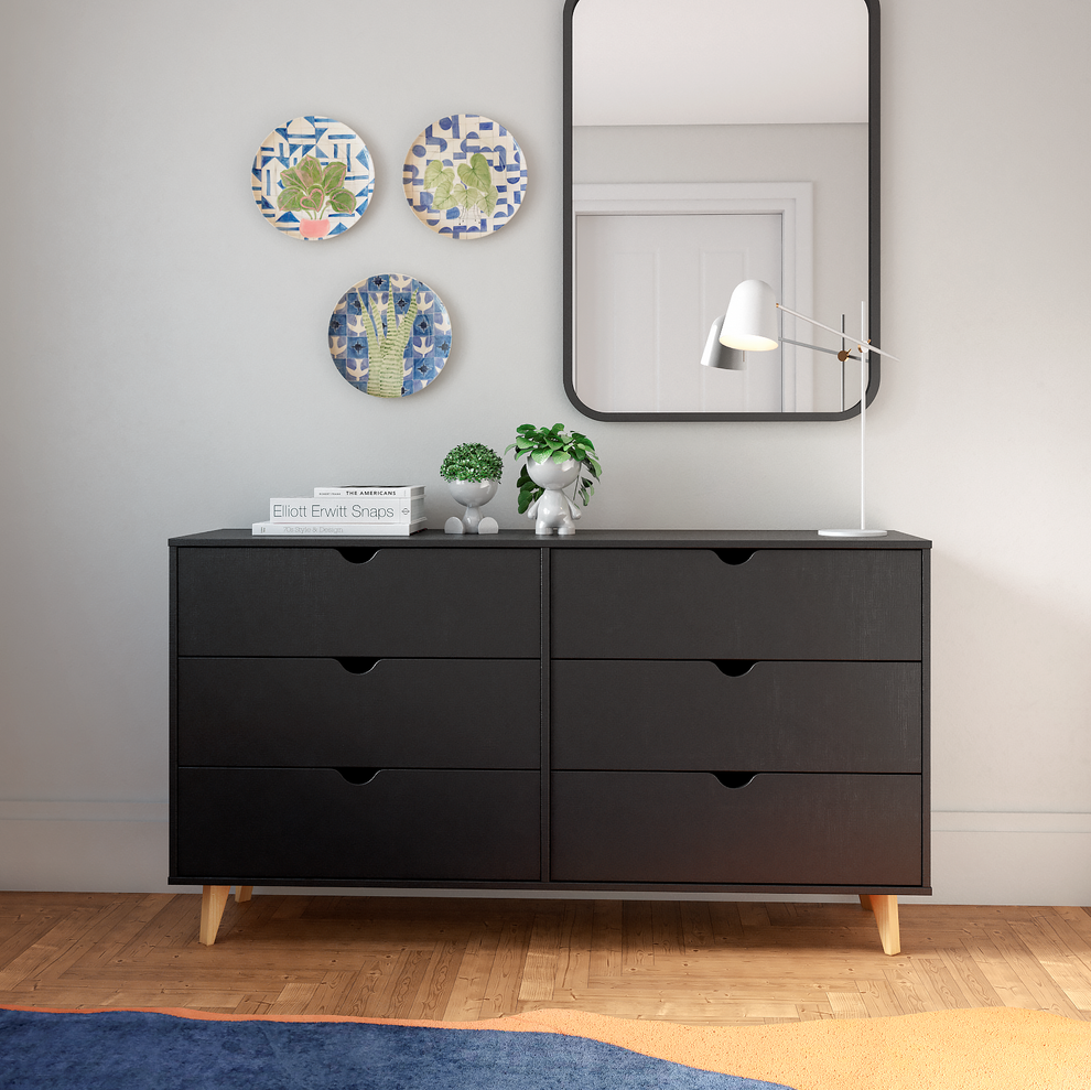 Black Scoop Handle Six Drawer Double Dresser By Homeroots | Dressers | Modishstore - 5
