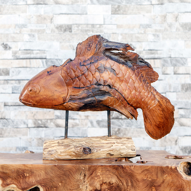 Erosion Wood Fish on Stand Set of 2 By Garden Age Supply | Sculptures | Modishstore - 1
