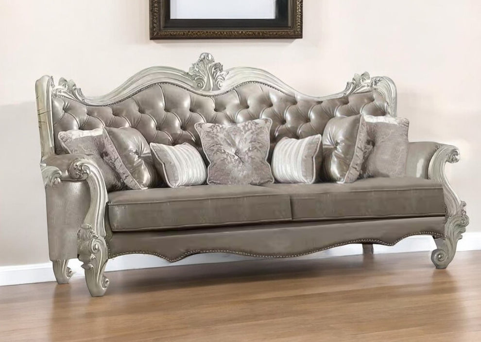 Gray Faux Leather Curved Sofa And Toss Pillows With Bone Legs By Homeroots | Sofas | Modishstore - 2