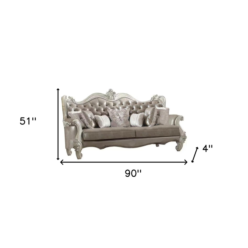 Gray Faux Leather Curved Sofa And Toss Pillows With Bone Legs By Homeroots | Sofas | Modishstore - 5