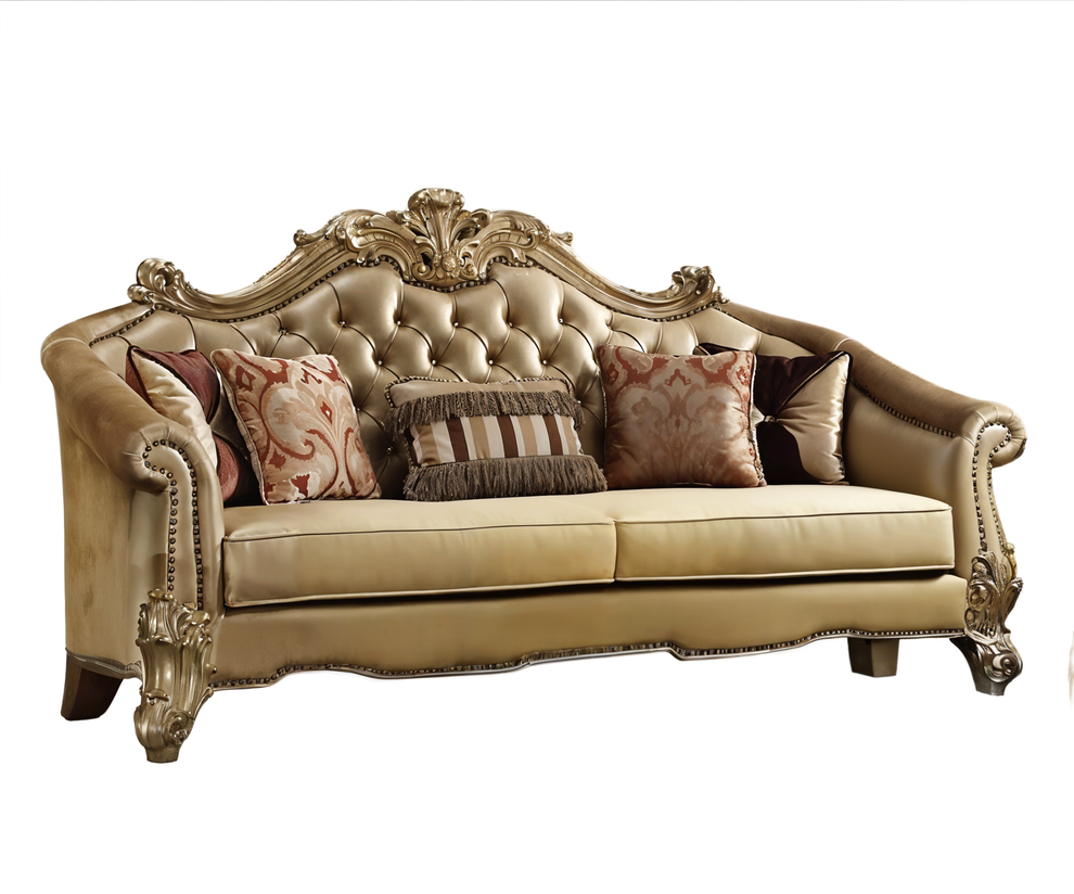 Bone Faux Leather Sofa And Toss Pillows With Gold Legs By Homeroots | Sofas | Modishstore - 2