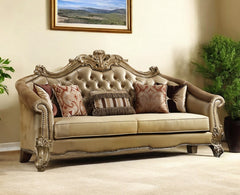 Bone Faux Leather Sofa And Toss Pillows With Gold Legs By Homeroots