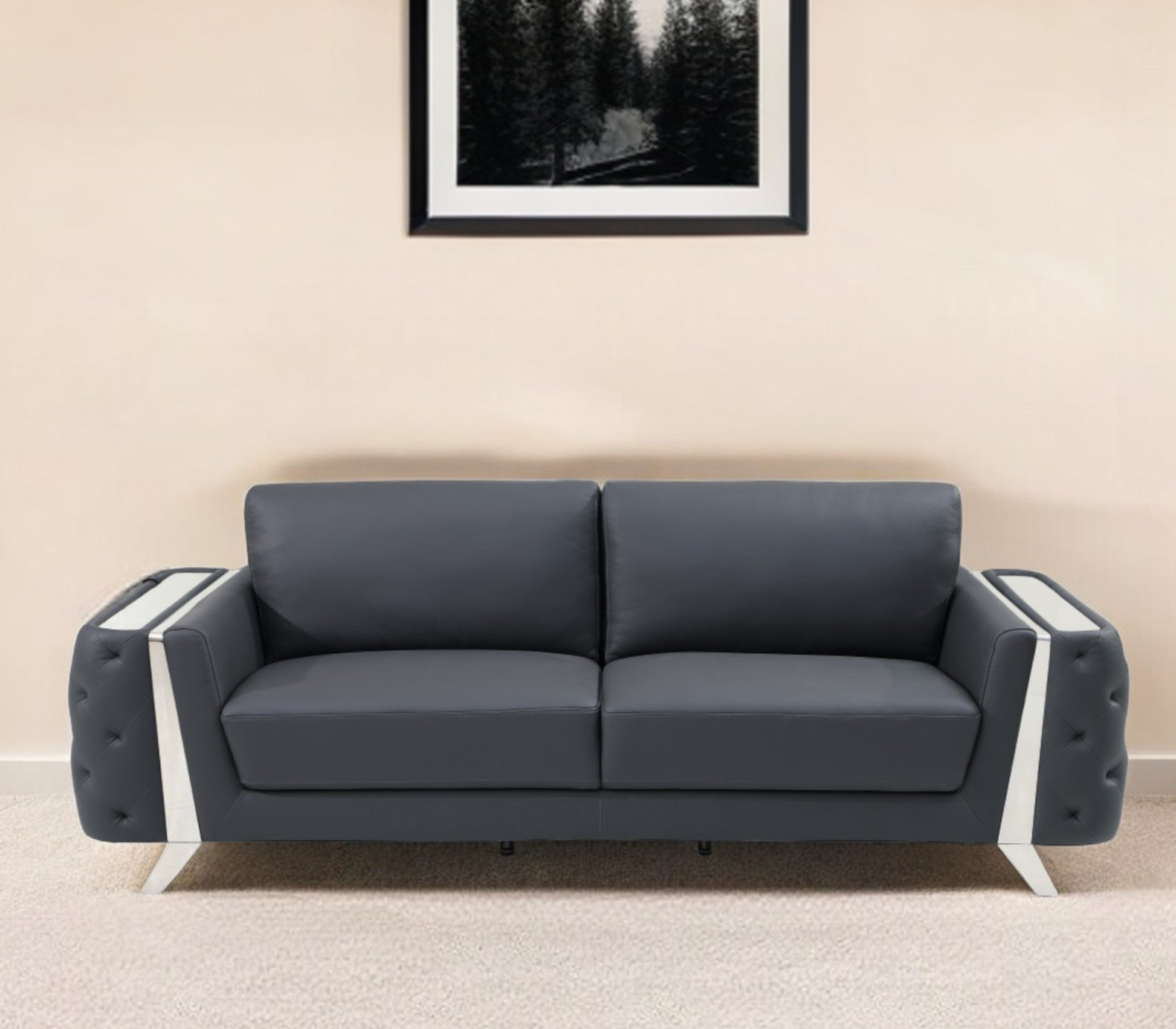 Gray Italian Leather Sofa With Silver Legs By Homeroots | Sofas | Modishstore - 1