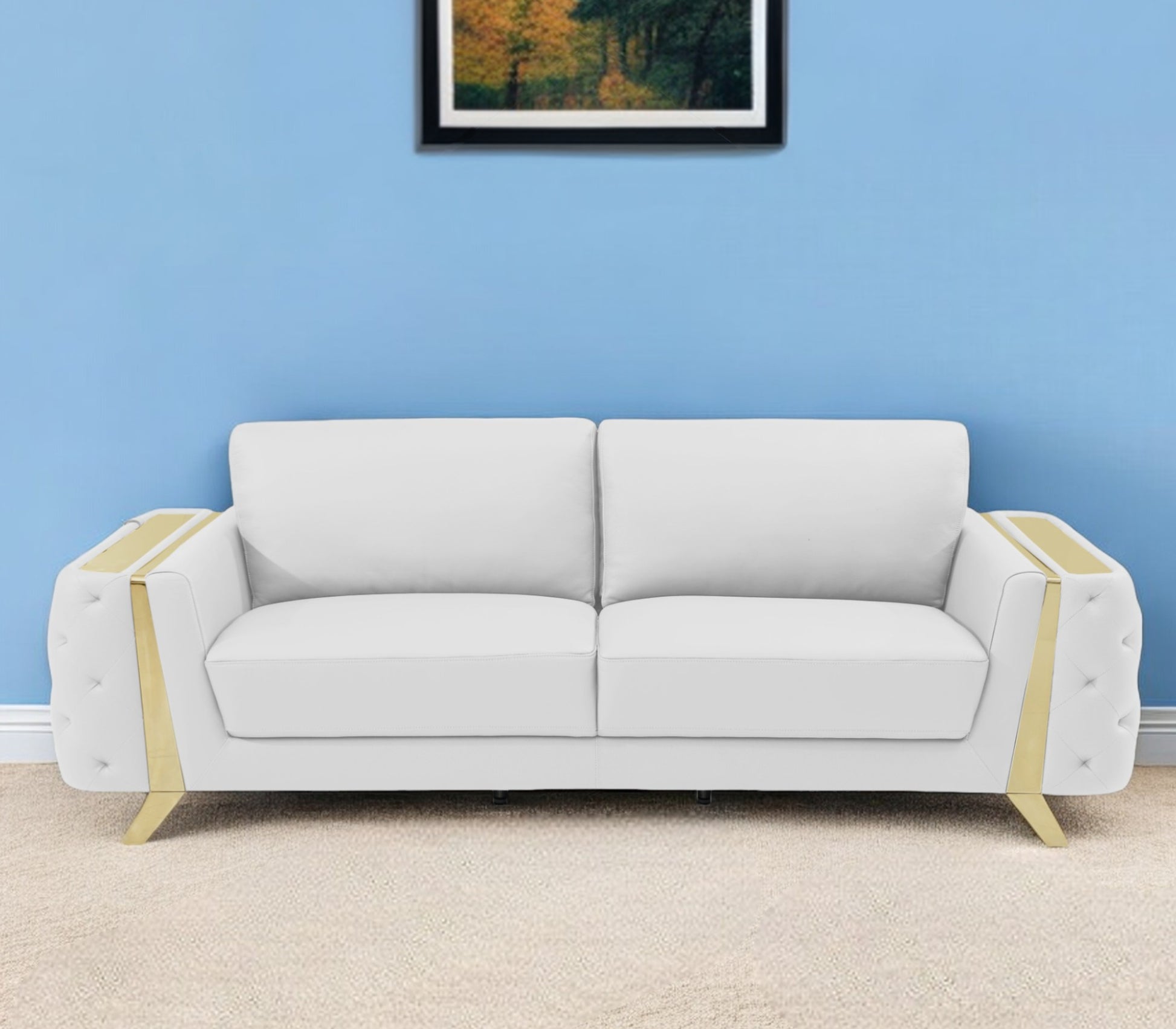White Italian Leather Sofa With Gold Legs By Homeroots | Sofas | Modishstore - 1
