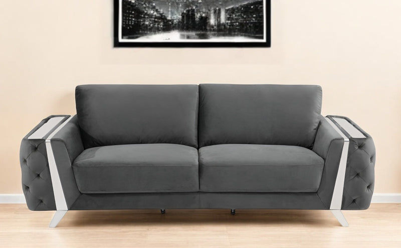 Gray Velvet Sofa With Silver Legs By Homeroots | Sofas | Modishstore - 1