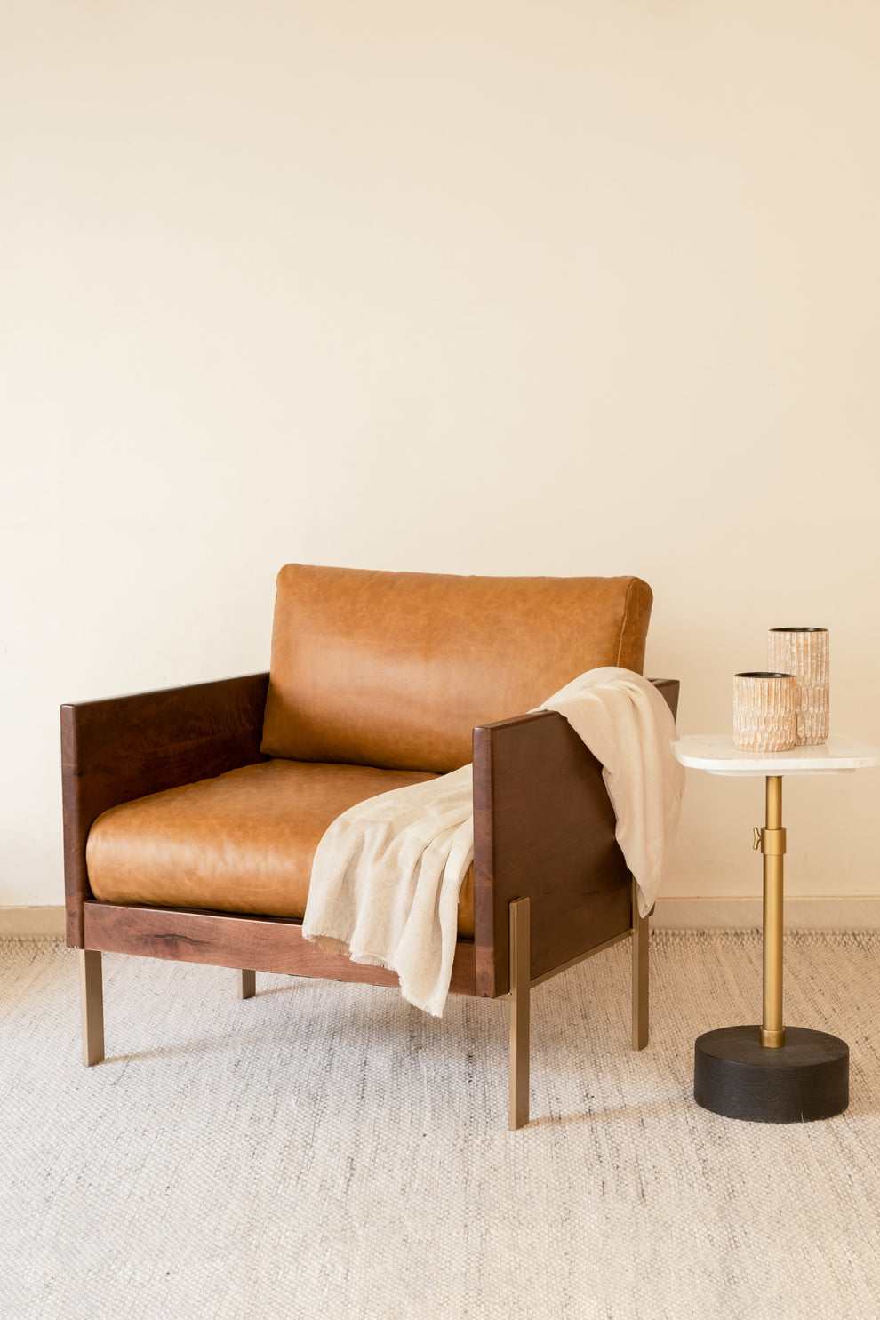 Carmel Brown Top Grain Leather And Gold Arm Chair By Homeroots | Accent Chairs | Modishstore - 7