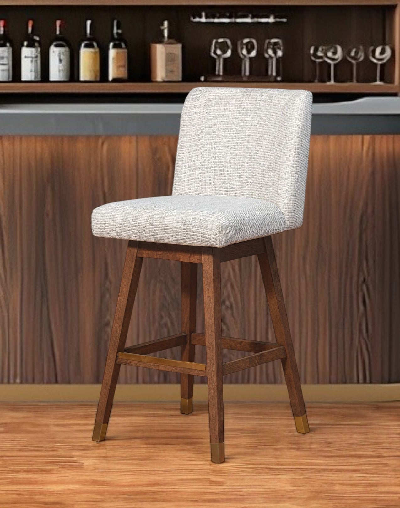 Beige and Wood Brown Solid Wood Bar Height Swivel Bar Chair By Homeroots | Bar Stools | Modishstore - 1