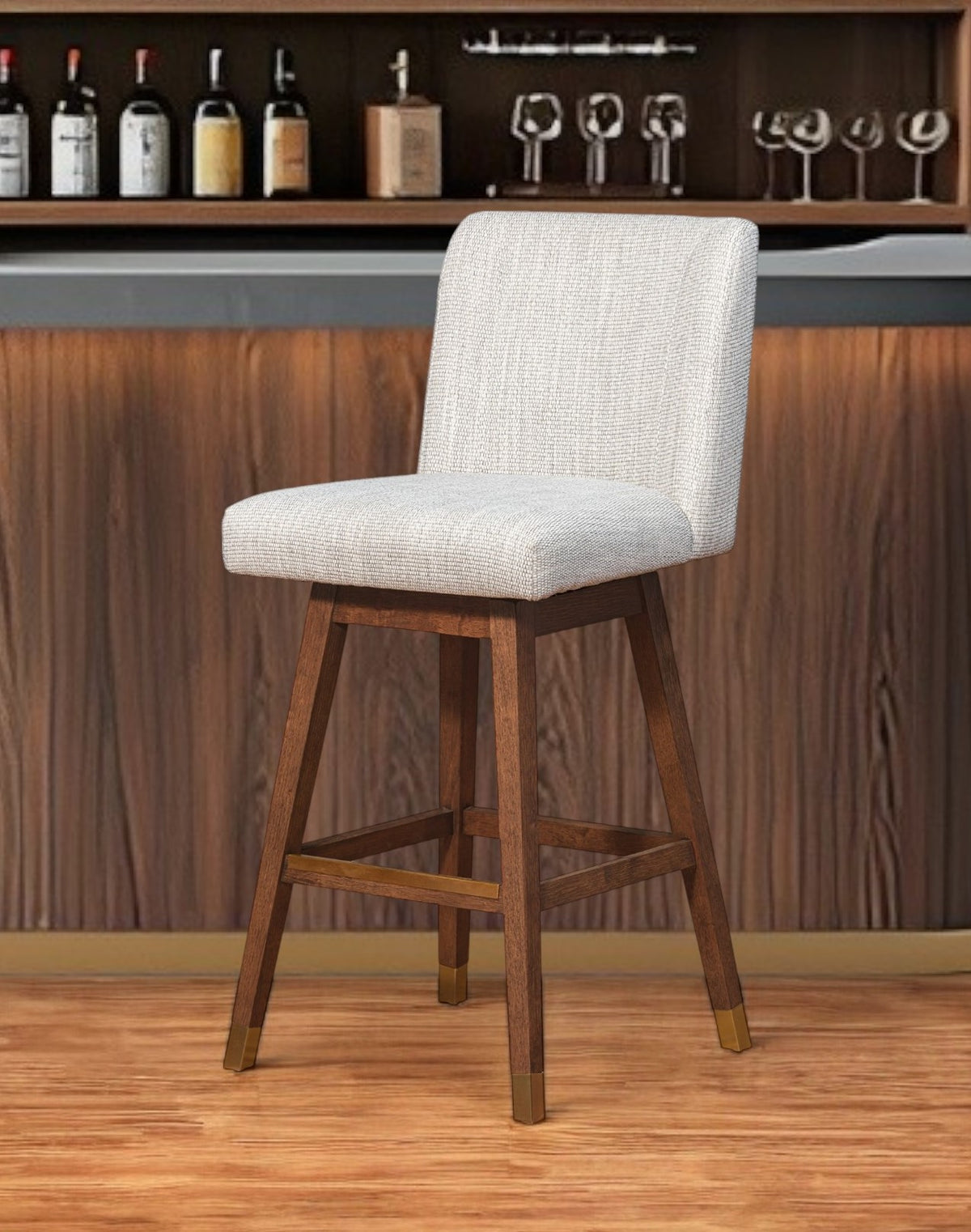 Beige and Wood Brown Solid Wood Bar Height Swivel Bar Chair By Homeroots | Bar Stools | Modishstore - 1