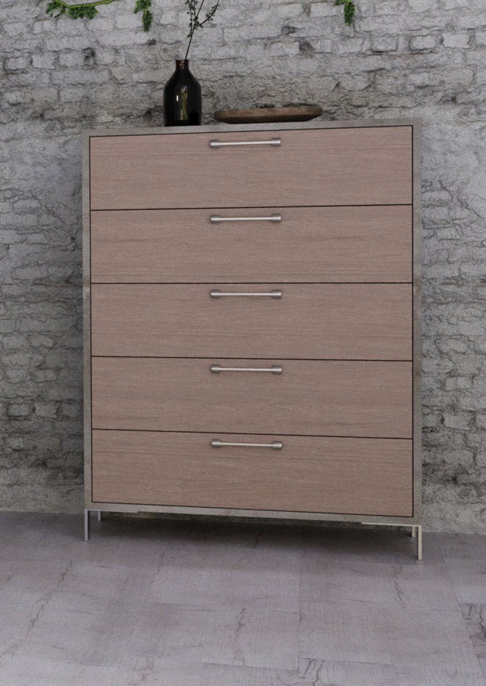 Brown Oak And Grey Solid And Manufactured Wood Five Drawer Chest By Homeroots | Dressers | Modishstore - 5