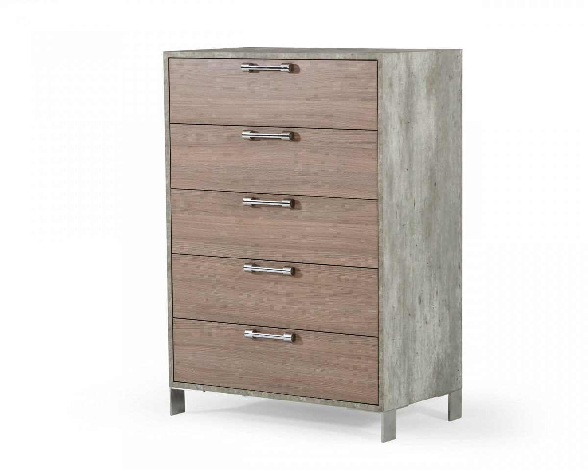 Brown Oak And Grey Solid And Manufactured Wood Five Drawer Chest By Homeroots | Dressers | Modishstore - 2