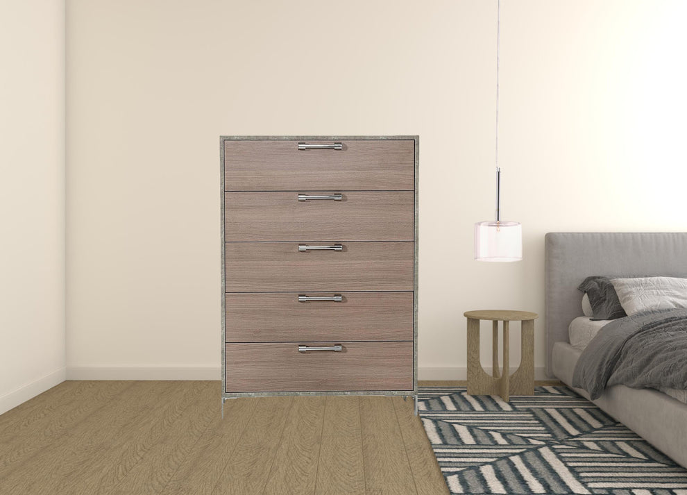 Brown Oak And Grey Solid And Manufactured Wood Five Drawer Chest By Homeroots | Dressers | Modishstore - 3