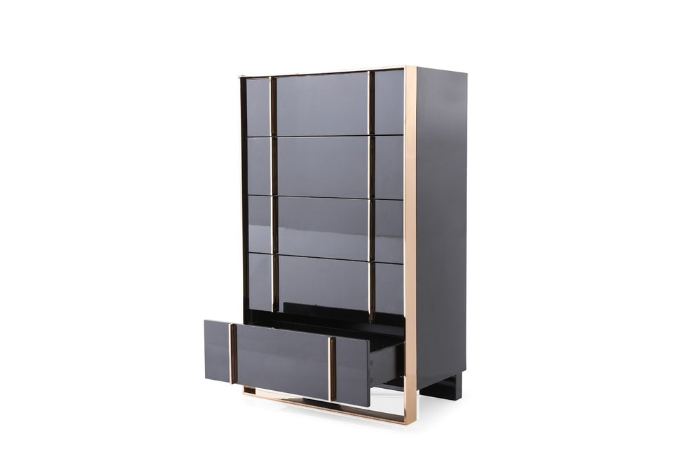 Black Gold Manufactured Wood + Solid Wood Stainless Steel Five Drawer Chest By Homeroots | Dressers | Modishstore - 3
