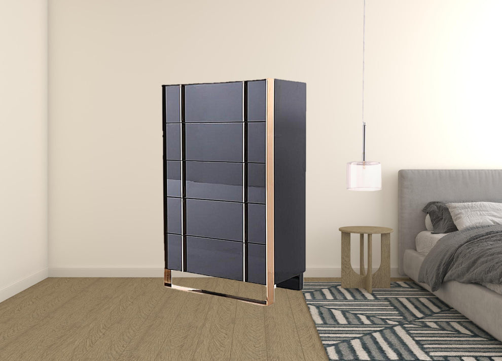 Black Gold Manufactured Wood + Solid Wood Stainless Steel Five Drawer Chest By Homeroots | Dressers | Modishstore - 4