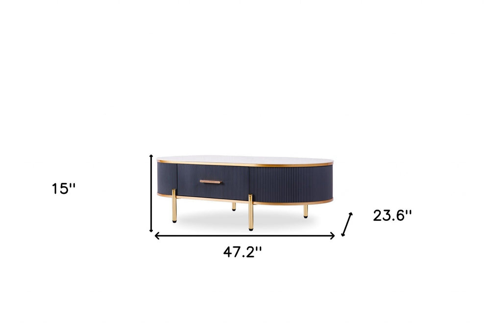 White And Gold Stone And Stainless Steel Oval Coffee Table With Drawer By Homeroots | Coffee Tables | Modishstore - 6