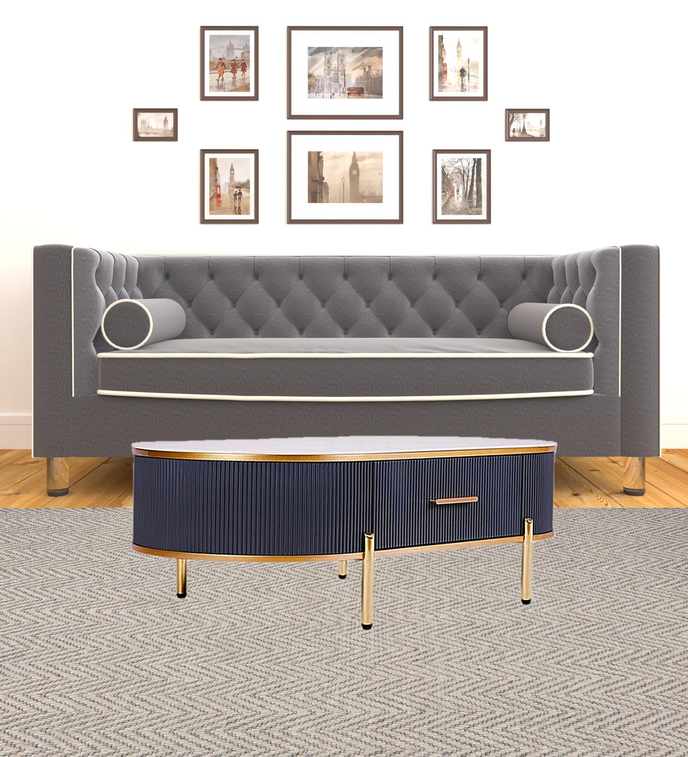 White And Gold Stone And Stainless Steel Oval Coffee Table With Drawer By Homeroots | Coffee Tables | Modishstore - 5