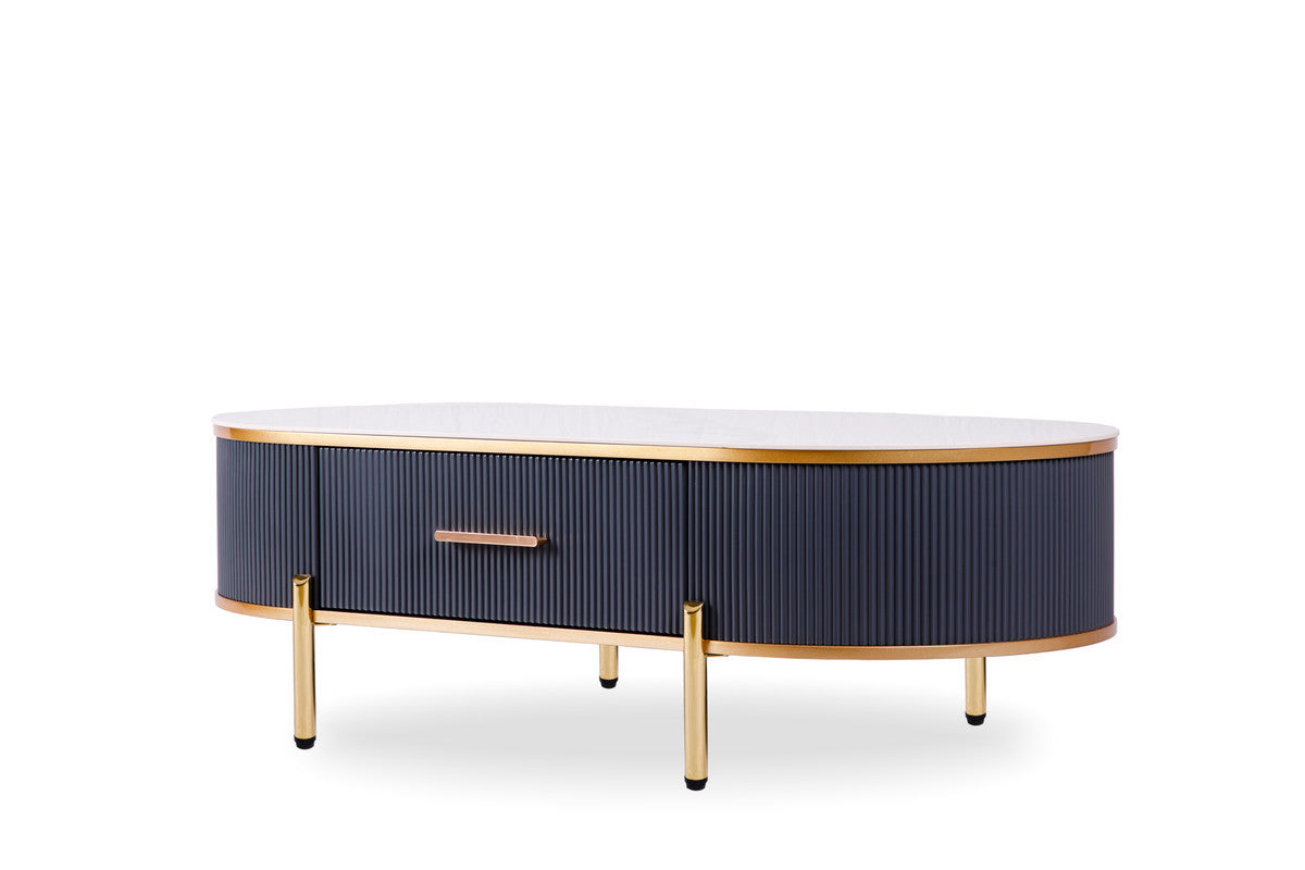 White And Gold Stone And Stainless Steel Oval Coffee Table With Drawer By Homeroots | Coffee Tables | Modishstore - 2