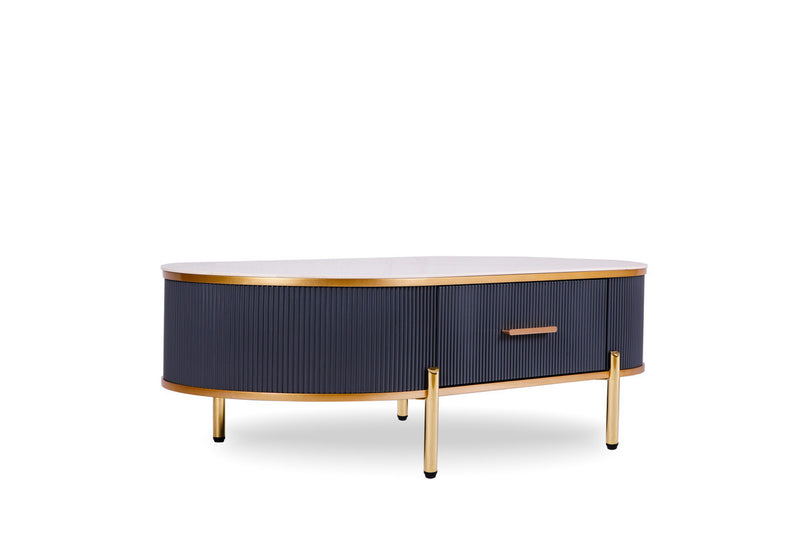 White And Gold Stone And Stainless Steel Oval Coffee Table With Drawer By Homeroots | Coffee Tables | Modishstore - 1